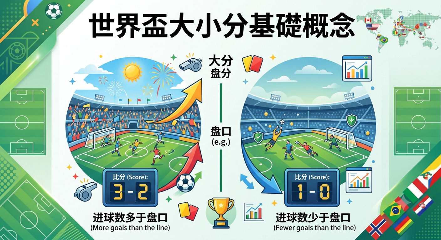這張圖片以「世界盃大小分基礎概念」為標題，透過左右對比的足球賽場圖示，直觀展示了進球數大於盤口（大分）與小於盤口（小分）的判定方式。 畫面輔以計分板與統計圖標，協助觀眾快速理解運動博弈中關於大小分盤口的專業術語與規則。