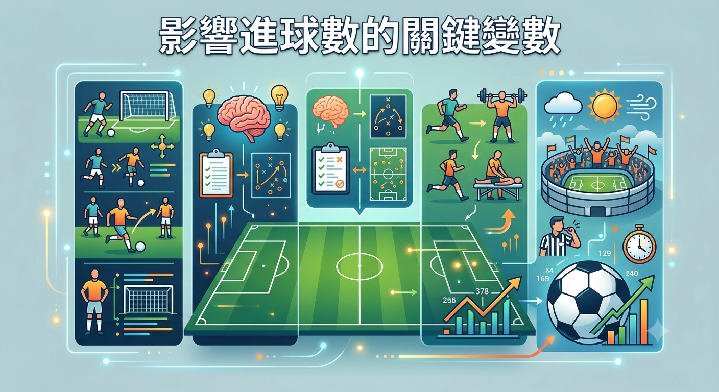 這張圖片以「影響進球數的關鍵變數」為標題，透過圖表與插圖呈現了足球比賽中影響進球的多種核心因素。 內容涵蓋了球員技術、戰術策略、體能狀況、比賽環境以及數據分析等關鍵指標，展現了賽事背後的複雜運作機制。