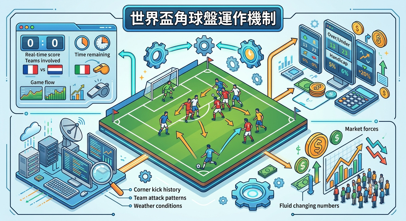 這是一張關於「世界盃角球盤運作機制」的資訊圖，展示了足球比賽即時數據、博弈數據分析以及市場力量如何相互關聯。 透過球場戰術模擬與數據監控系統，清晰呈現了角球盤口隨比賽進程與動態因素即時調整的運作過程。
